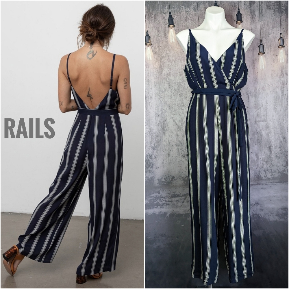 Rails Serena Beach Stripe wide leg jumpsuit, size Large, Navy, New with TAGS